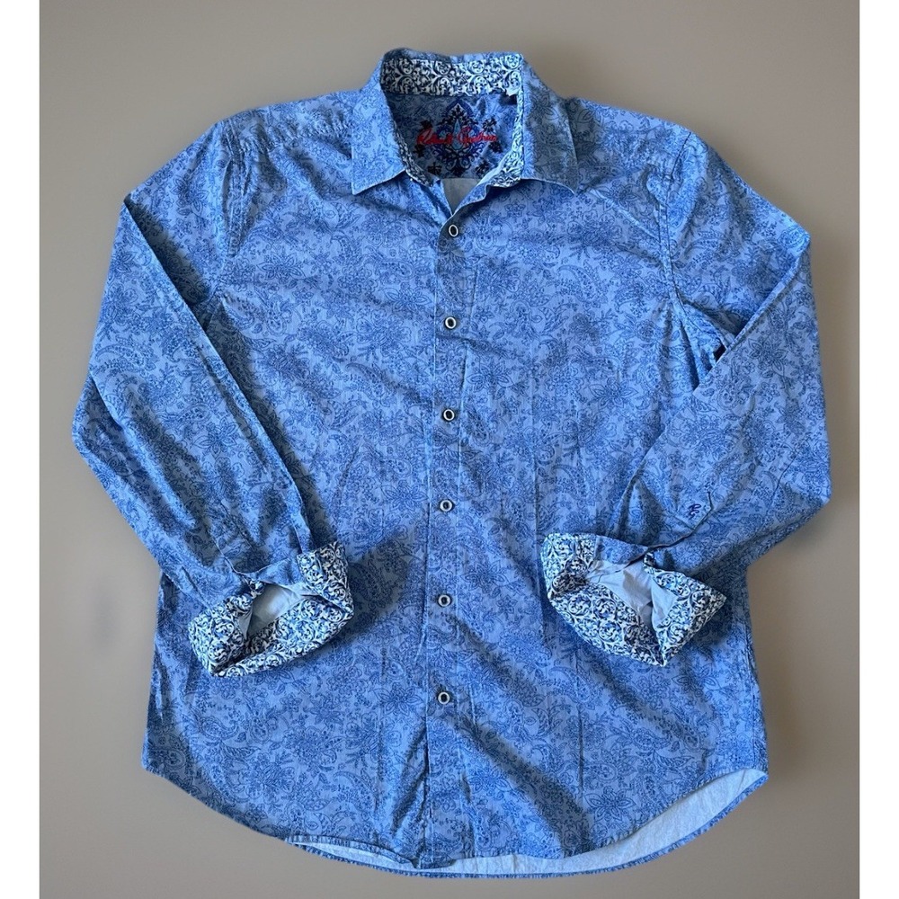 Robert Graham LS Button Up Shirt Logo Contrasting Pattern Flower Blue Large JBHS